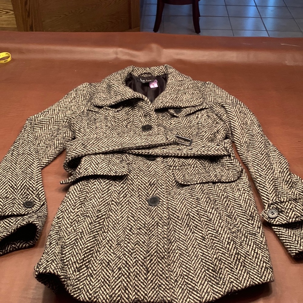 Nicole Miller Black and Cream Herringbone Coat